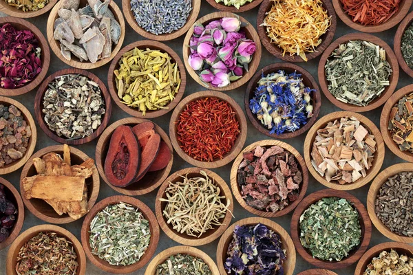 Herbal Medicine Used Alternative Remedies Variety Dried Herbs Flowers Wooden — Stock Photo, Image