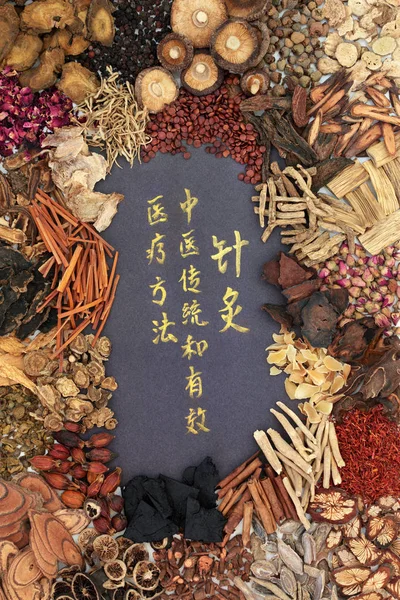 Chinese Herbs Used Traditional Herbal Medicine Gold Calligraphy Script Translation — Stock Photo, Image