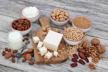 Sağlık Gıda tofu, soya fasulyesi, fındık, tohum, soya yoğurt, süt ve parçalar, yüksek lif, antioksidanlar, vitaminler ve mineraller, rustik ahşap arka plan üzerinde gıdalar ile vegans için.