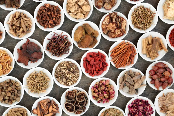 Hierbas Chinas Tradicionales Utilizadas Medicina Herbal Alternativa Cuencos Porcelana Blanca —  Fotos de Stock