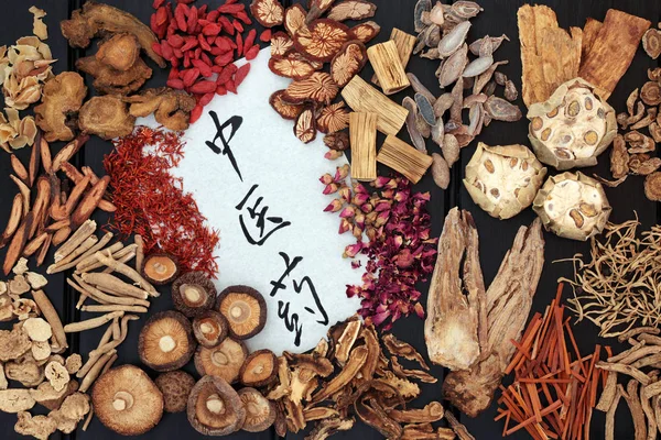 Traditionella Kinesiska Örter Som Används Alternativ Medicin Med Kalligrafi Script — Stockfoto
