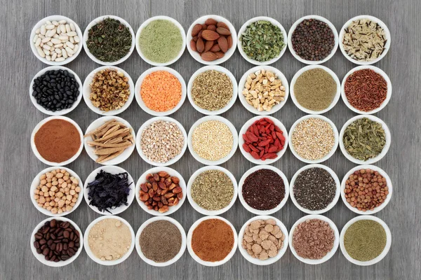 Dried Diet Health Food Supplement Powders Legumes Nuts Seeds Grains — Stock Photo, Image