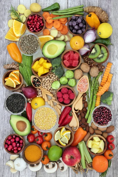 Concept Aliments Santé Avec Fruits Légumes Herbes Épices Noix Graines — Photo