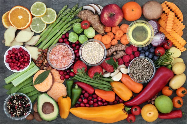 Zdravou Výživou Výběr Čerstvou Zeleninu Ovoce Byliny Koření Obilovin Semen — Stock fotografie
