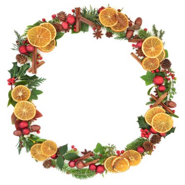 Noel çelenk garland kurutulmuş meyve, baharat, kırmızı önemsiz şey süslemeleri ile doğal kış yaprak dal, holly Karpuzu, meşe palamudu ve çam kozalakları beyaz arka plan üzerinde. Festival sezonu için Noel kartı.
