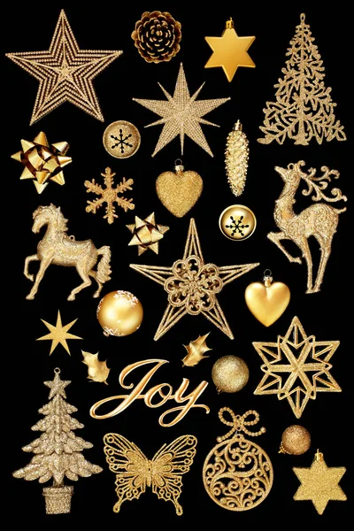 Christmas Gold Joy Sign Bauble Decorations Isolated Black Background — Stock Photo, Image