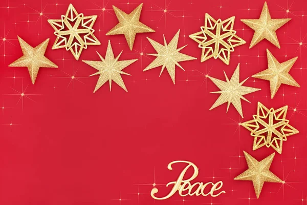 Christmas Background Gold Star Bauble Decorations Peace Sign Red Copy — Stock Photo, Image