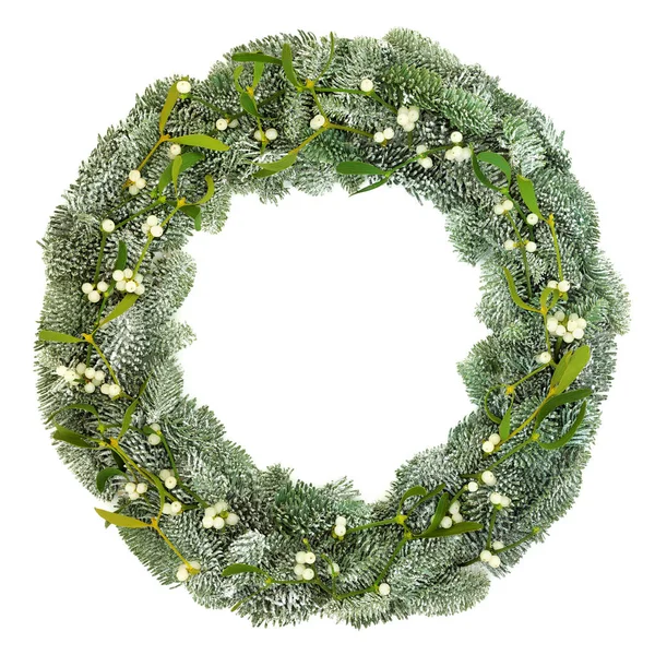 Winter Christmas Snow Covered Spruce Fir Wreath Mistletoe Isolated White — Stock Photo, Image