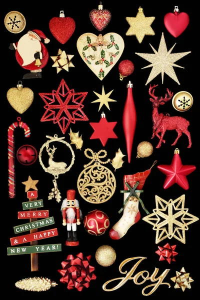 Jul Guld Glädje Skylt Med Retro Småsak Och Nya Dekorationer — Stockfoto
