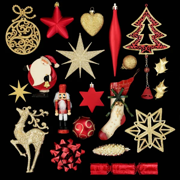 Κόκκινα Και Χρυσά Ρετρό Και Νέες Διακοσμήσεις Χριστουγέννων Συμπεριλαμβανομένων Στολίδια — Φωτογραφία Αρχείου