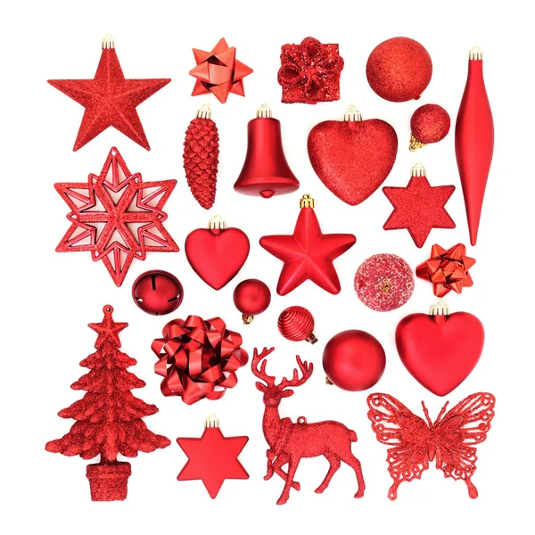 Červené Vánoční Ozdoby Ozdoby Ornamenty Symboly Pro Sváteční Bílém Pozadí — Stock fotografie