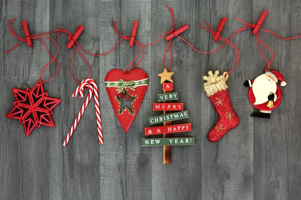 Christmas Tree Retro Bauble Decorations Hanging Red String Line Pegs — Stock Photo, Image