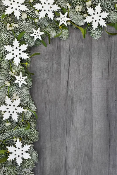 Christmas Winter Snowflake Star Spruce Fir Mistletoe Background Border Rustic — Stock Photo, Image