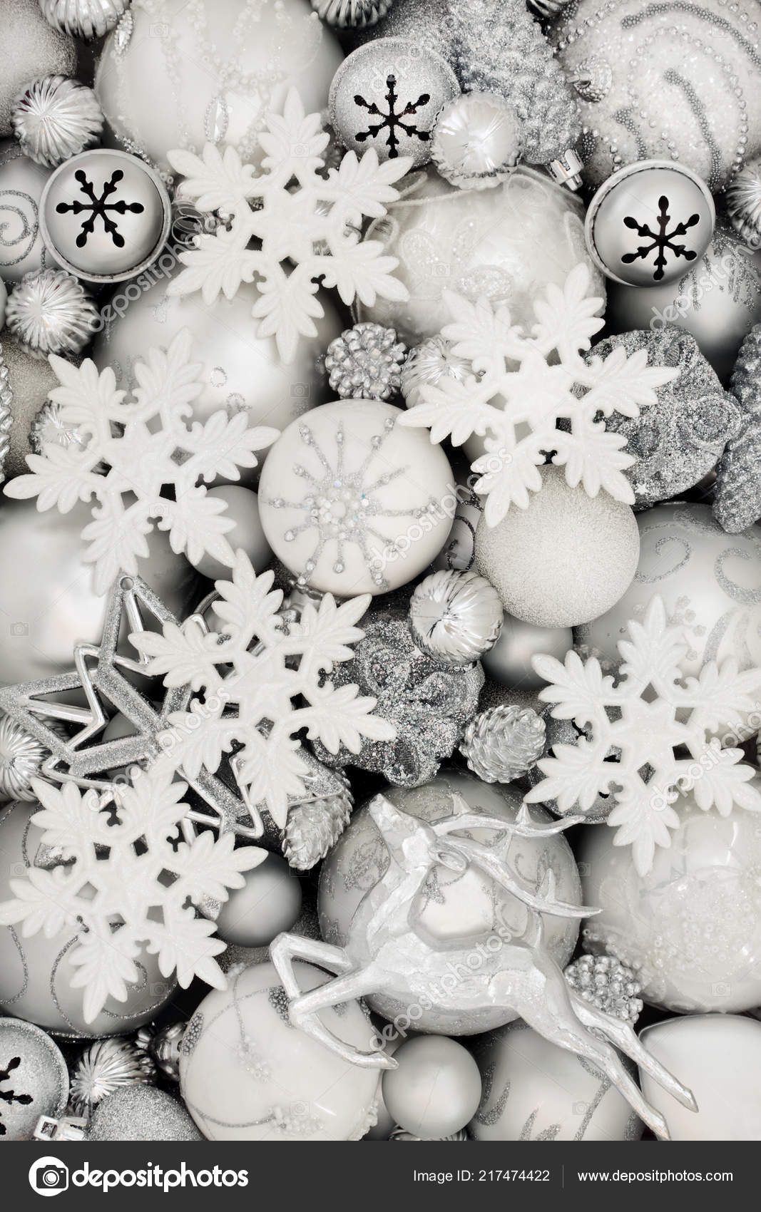 Christmas Background White Silver Baubles Star Snowflake Reindeer