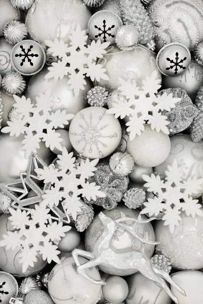 Christmas Background White Silver Baubles Star Snowflake Reindeer Snowflake Balls — Stock Photo, Image