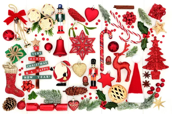 Symbols Christmas Retro New Bauble Decorations Winter Flora Food Gift — Stock Photo, Image