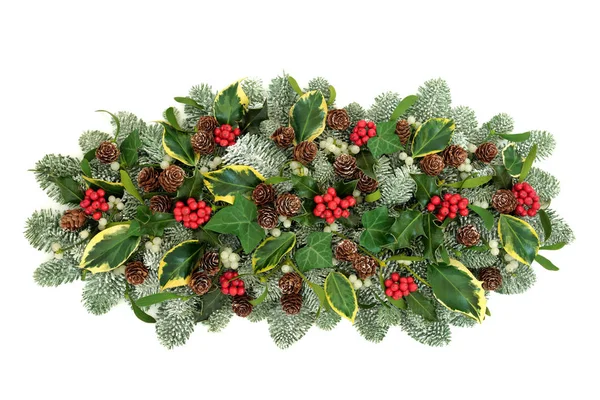 Christmas Winter Natural Table Decoration Holly Berries Snow Covered Spruce — Stock Photo, Image