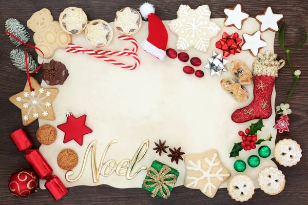 Christmas Noel Background Border Including Tree Decorations Biscuits Cakes Fruit — Stock Photo, Image