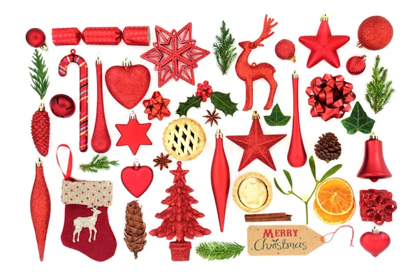 Karácsonyfadíszeket Csecsebecse Karácsonyi Szimbólumok Téli Növény Élelmiszer Elemek Fehér Háttér — Stock Fotó