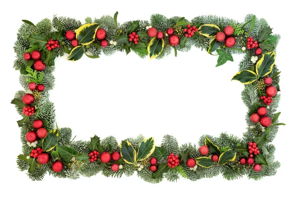 Christmas Decorative Background Border Red Bauble Decorations Holly Fir Mistletoe — Stock Photo, Image