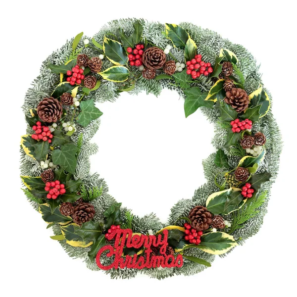 Winter Wreath Merry Christmas Sign Holly Snow Covered Spruce Fir — Stock Photo, Image