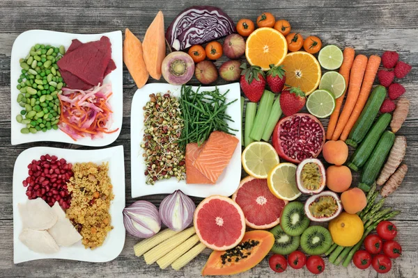 Diät Reformkost Konzept Mit Einer Großen Auswahl Gemüse Obst Fleisch — Stockfoto