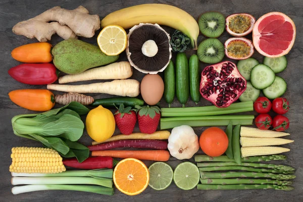 Здоровый Выбор Супер Пищи Способствовать Хорошему Здоровью Свежими Фруктами Овощами — стоковое фото