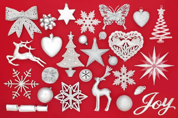 Symbols Christmas Silver Joy Sign Bauble Decorations Red Background Traditional — Stock Photo, Image