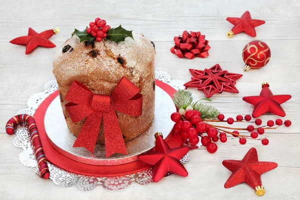 Panettone Christmas Cake Red Bauble Decorations Bow Winter Flora Holly — Stock Photo, Image