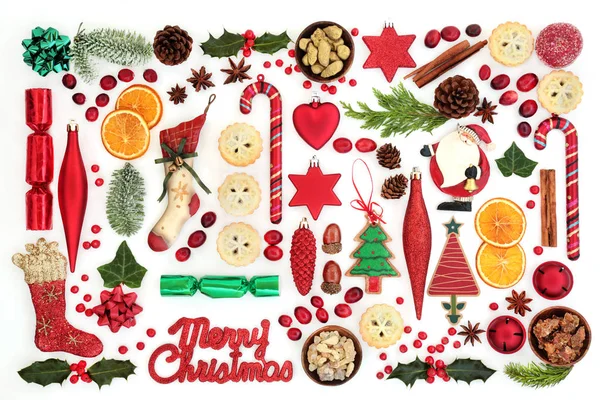 Merry Christmas Sign Retro New Tree Decorations Food Winter Flora — Stock Photo, Image