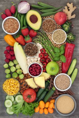 Alkaline super food selection with fresh vegetables, fruit, legumes, medicinal herbs and spice, pasta, grains and nuts. High in omega 3, antioxidants, anthocyanins, fibre, minerals and vitamins.   clipart