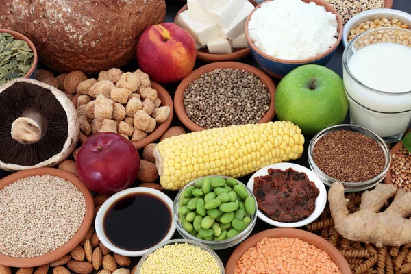 Alimentos Saudáveis Para Veganos Com Iogurte Amêndoa Leite Coalhada Feijão — Fotografia de Stock