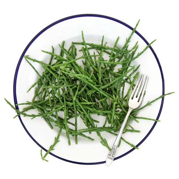 Samphire Health Food Sea Vegetable Metal Plate Old Silver Fork — Stock Photo, Image