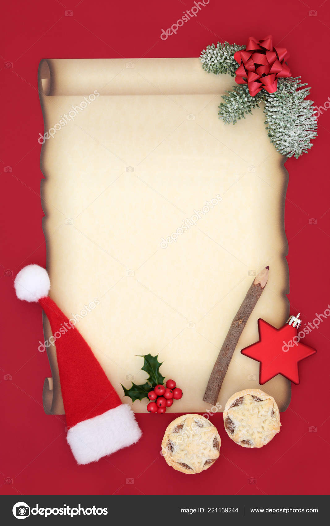 Letter Father Christmas Invitation Blank Parchment Paper Santa Hat Mince  Stock Photo by ©marilyna 221139244
