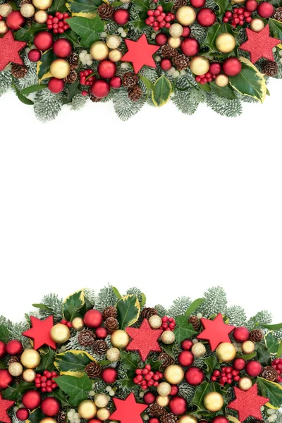 Christmas Background Border Red Gold Bauble Decorations Holly Berries Spruce — Stock Photo, Image