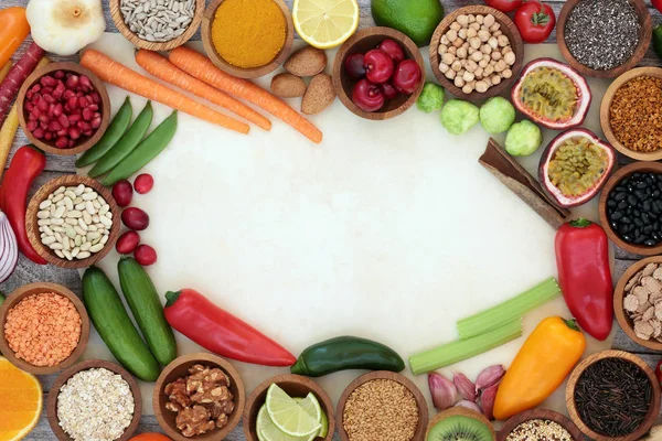 Szuper Élelmiszer Háttér Határ Koncepció Egészséges Táplálkozás Pergamen Rusztikus Élelmiszerek — Stock Fotó