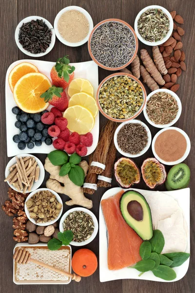 Estresse Ansiedade Aliviando Alimentos Saudáveis Ervas Especiarias Suplementos Que Também — Fotografia de Stock