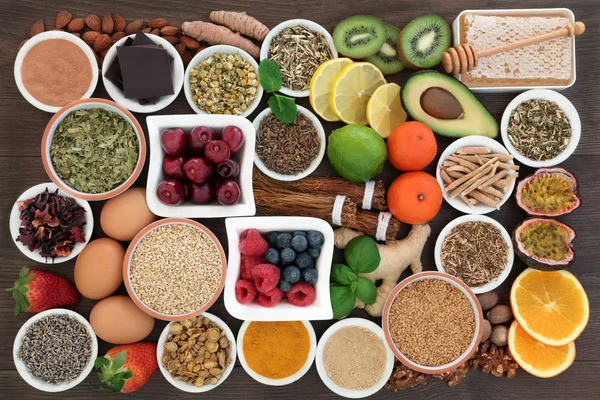 Estrés Ansiedad Alivian Los Alimentos Saludables También Con Hierbas Especias — Foto de Stock