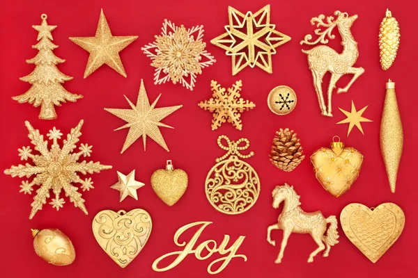 Christmas Gold Joy Sign Bauble Decorations Red Background Traditional Christmas — Stock Photo, Image