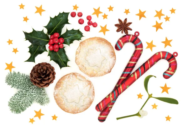 Christmas Festive Symbols Mince Pies Candy Canes Winter Flora Holly — Stock Photo, Image