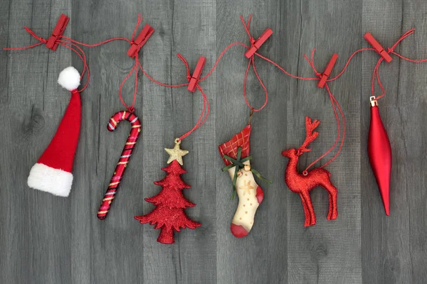 Christmas Decorations Symbols Festive Season Hanging Red String Line Pegs — Stock Photo, Image