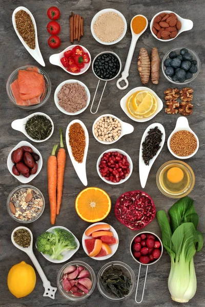 Mat Urval Att Bromsa Åldrande Processen Konceptet Med Superfoods Mycket — Stockfoto