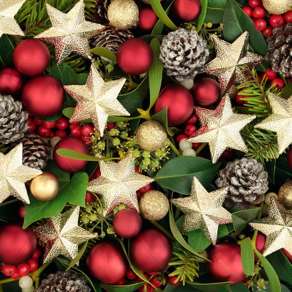 Christmas Background Star Ball Bauble Decorations Holly Ivy Mistletoe Pine — Stock Photo, Image