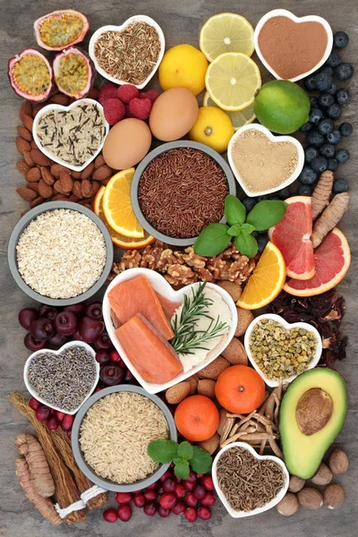 Seleção Alimentos Saudáveis Com Ervas Medicinais Para Aliviar Ansiedade Estresse — Fotografia de Stock