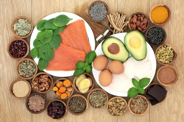Ansiedade Estresse Aliviando Alimentos Saudáveis Também Com Ervas Especiarias Usadas — Fotografia de Stock