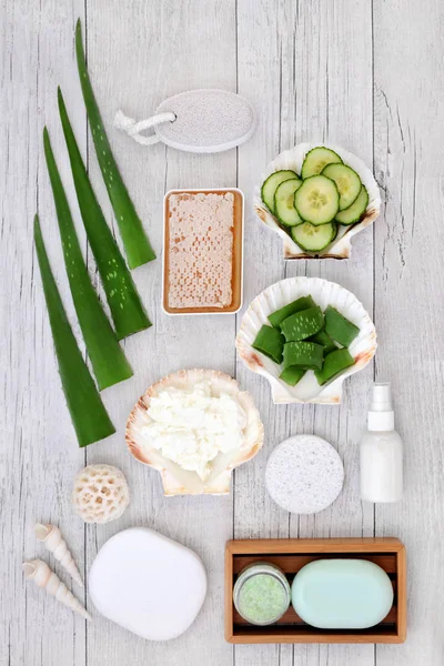 Aloe Vera Skincare Including Plant Stems Cucumber Honey Yoghurt Moisturiser — Stock Photo, Image