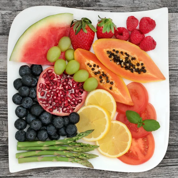 Superfood Losing Weight Fresh Fruit Vegetables Porcelain Square Plate Rustic — Stock Photo, Image