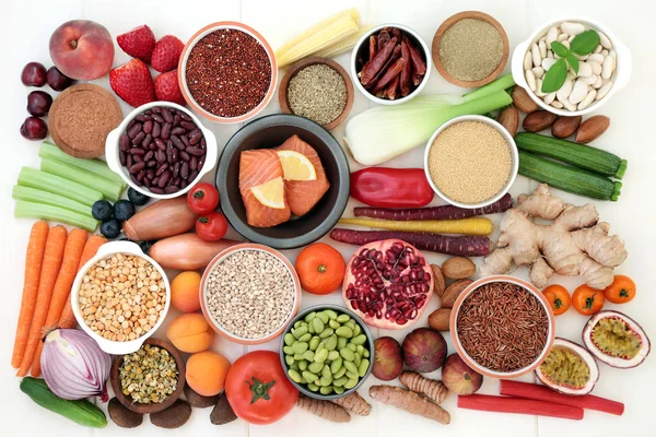 Alimentos Saudáveis Para Perder Peso Com Peixes Legumes Frutas Legumes — Fotografia de Stock