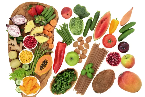 Alimento Alcalino Saludable Verduras Frescas Frutas Hierbas Pasta Integral Frutos — Foto de Stock