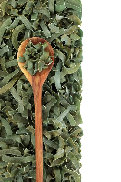 Sprouted Spelt Spirulina Organic Tagliatelle Pasta Olive Wood Spoon Loose — Stock Photo, Image